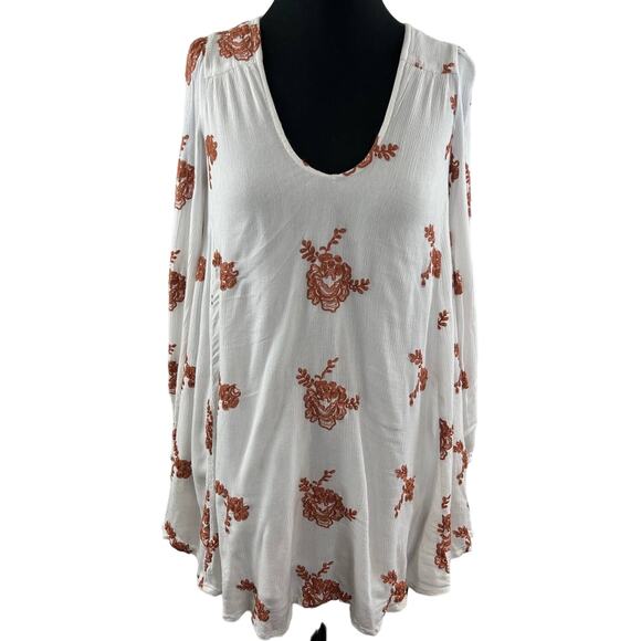 FREE PEOPLE Ivory Orange Embroidered Scoop Neck Long Sleeve Mini Swing Dress S - Picture 1 of 8